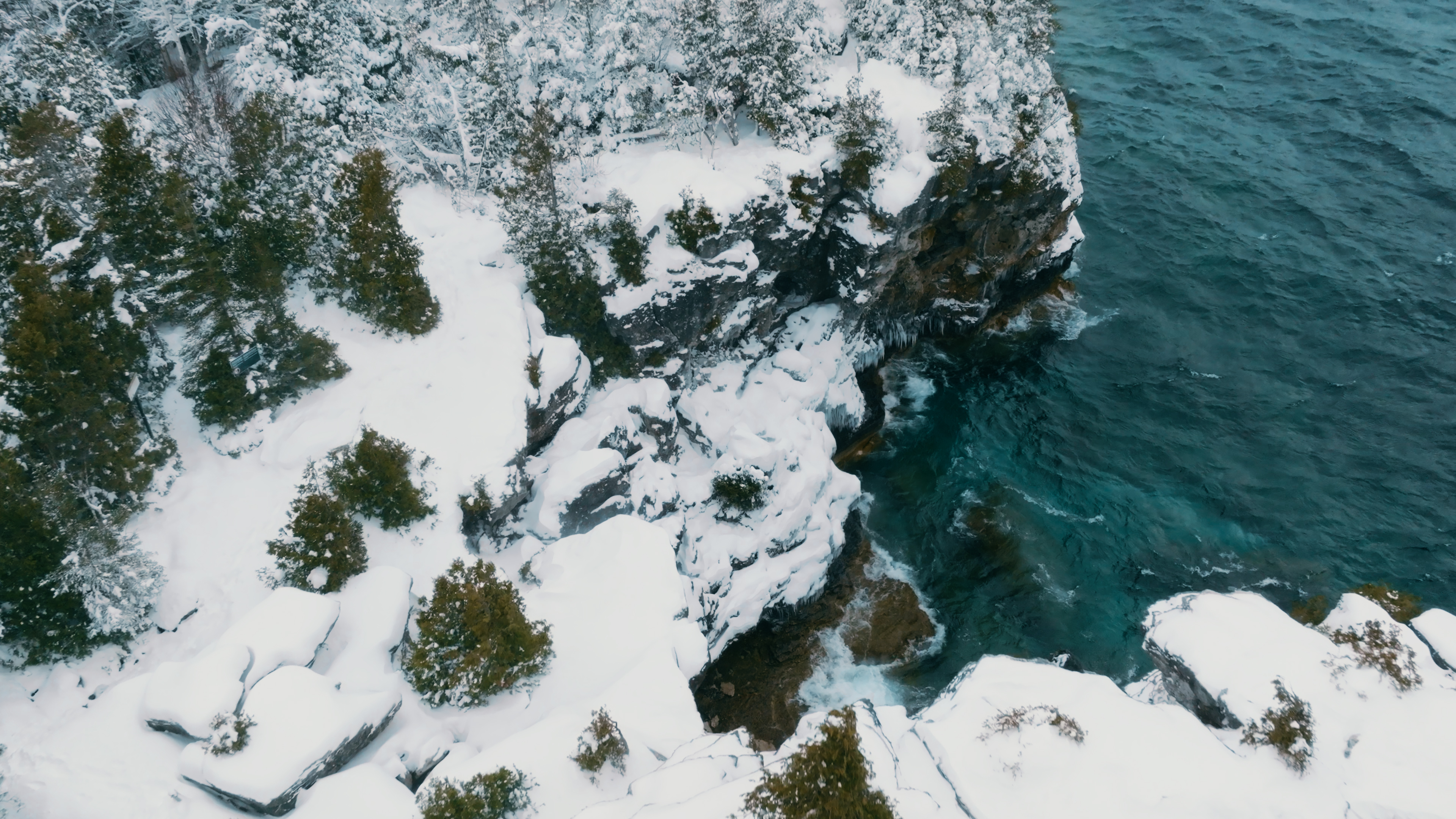 Aerial view of the snow-covered Bruce Peninsula coastline